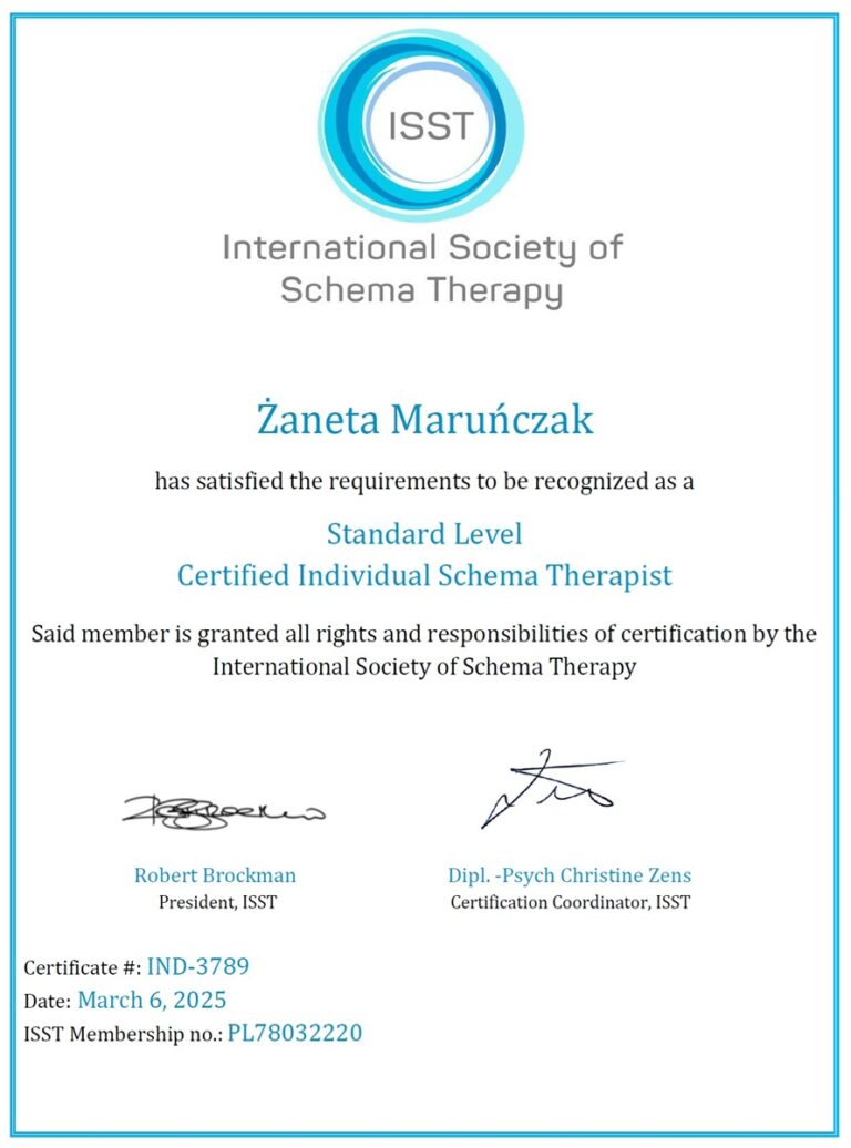 Certyfikat terapeuty terapii schematu ISST